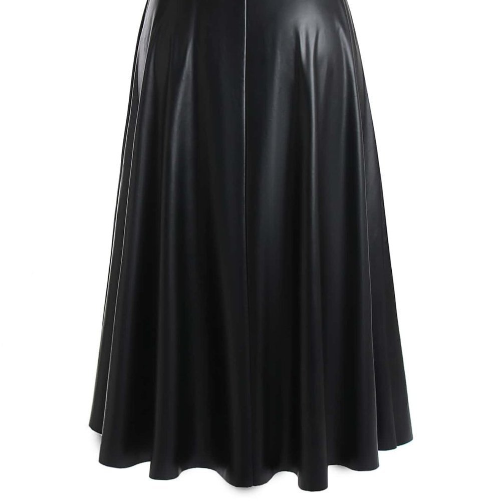 Black Preppy Womens Plus Solid PU Leather Flare Skirt - Picture 3 of 5